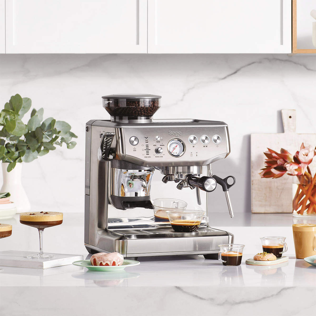 Sage Barista Express Impress SES876 espresso machine on a home kitchen counter