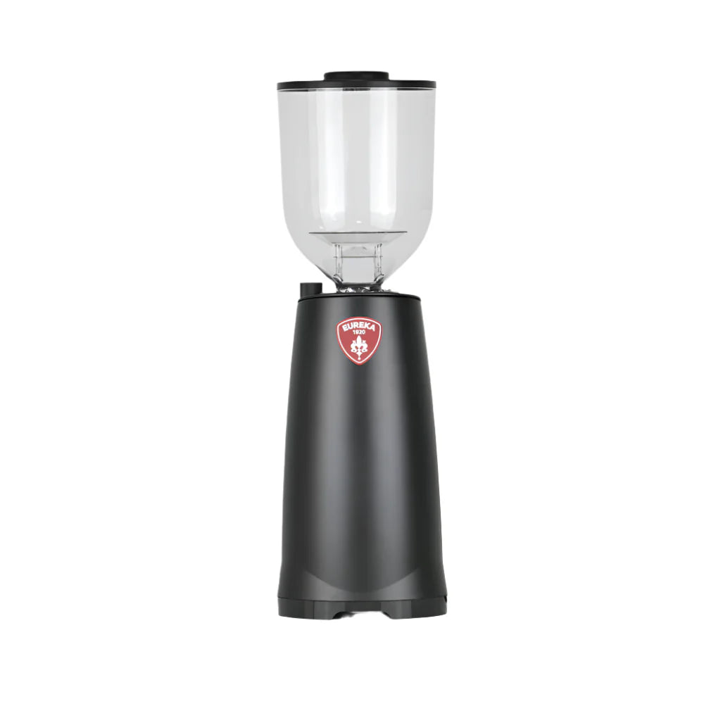 Eureka Firenze 75 matt black coffee grinder, 700mm tall on a cafe counter