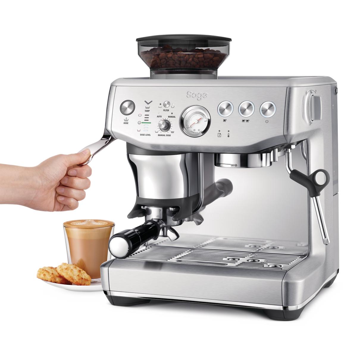 Sage Barista Express Impress SES876 espresso machine, three-quarter view from the right